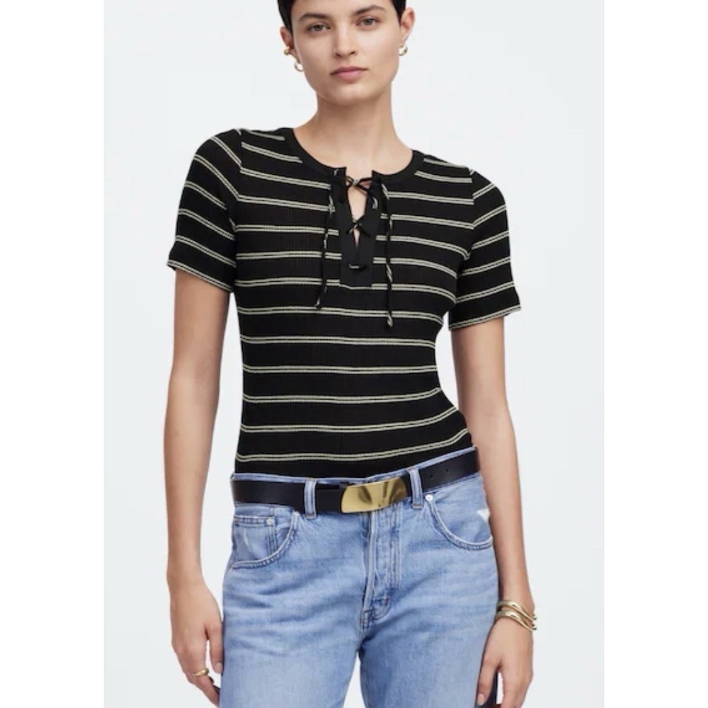 Madewell Robbed Lace Up Shirt Women M Black‎ Striped Preppy Casual Western Retro